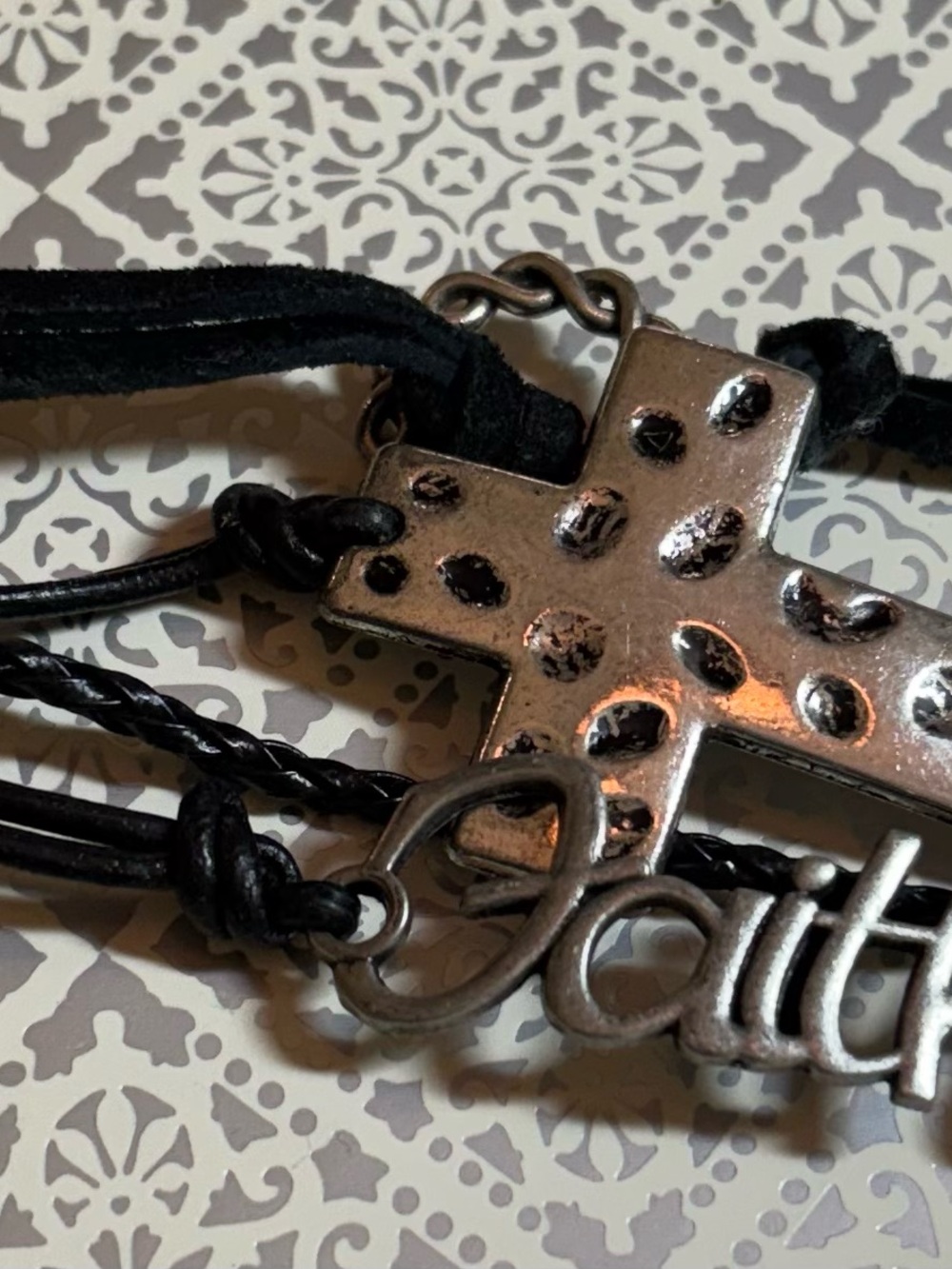 Faith Cross Black Leather Bracelet - Unbranded